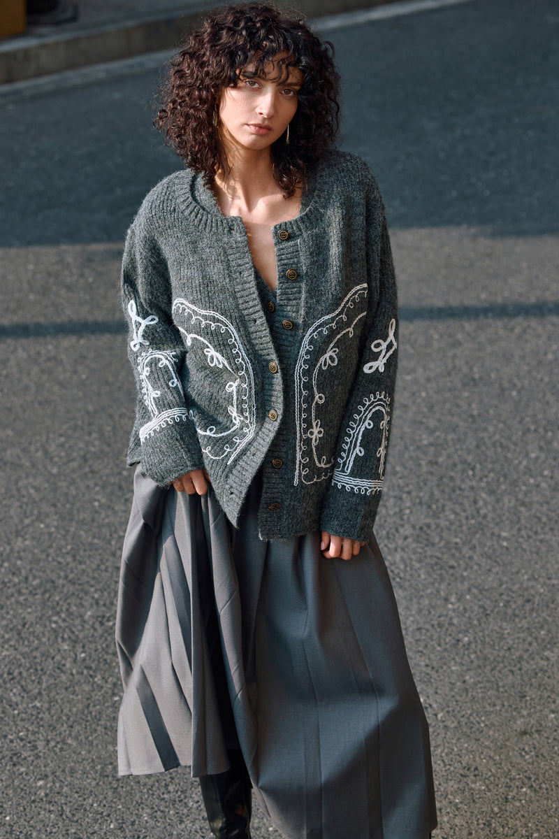 Embroidered wool blend cardigan