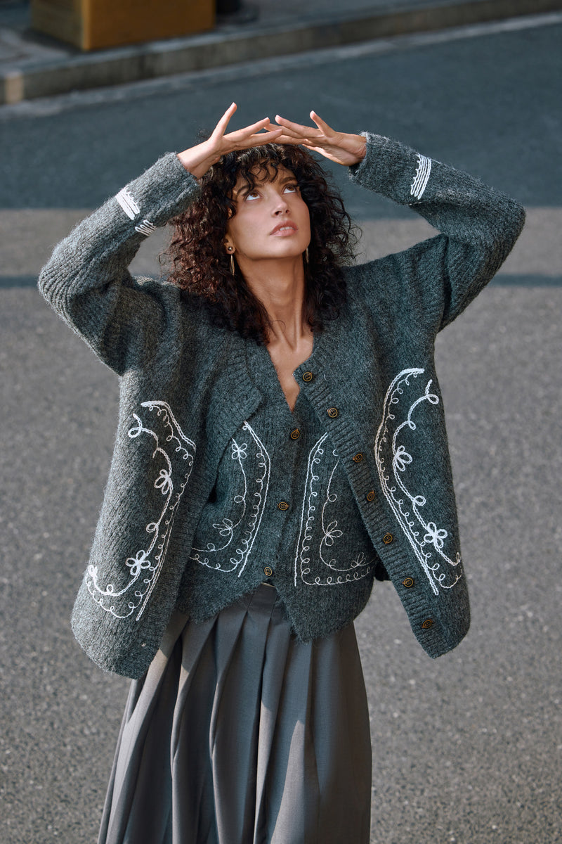 Embroidered wool blend cardigan