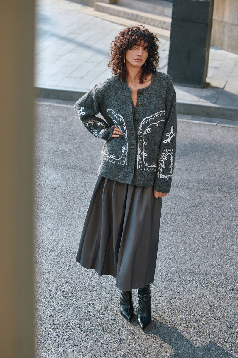 Embroidered wool blend cardigan