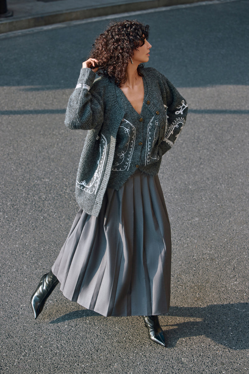 Embroidered wool blend cardigan