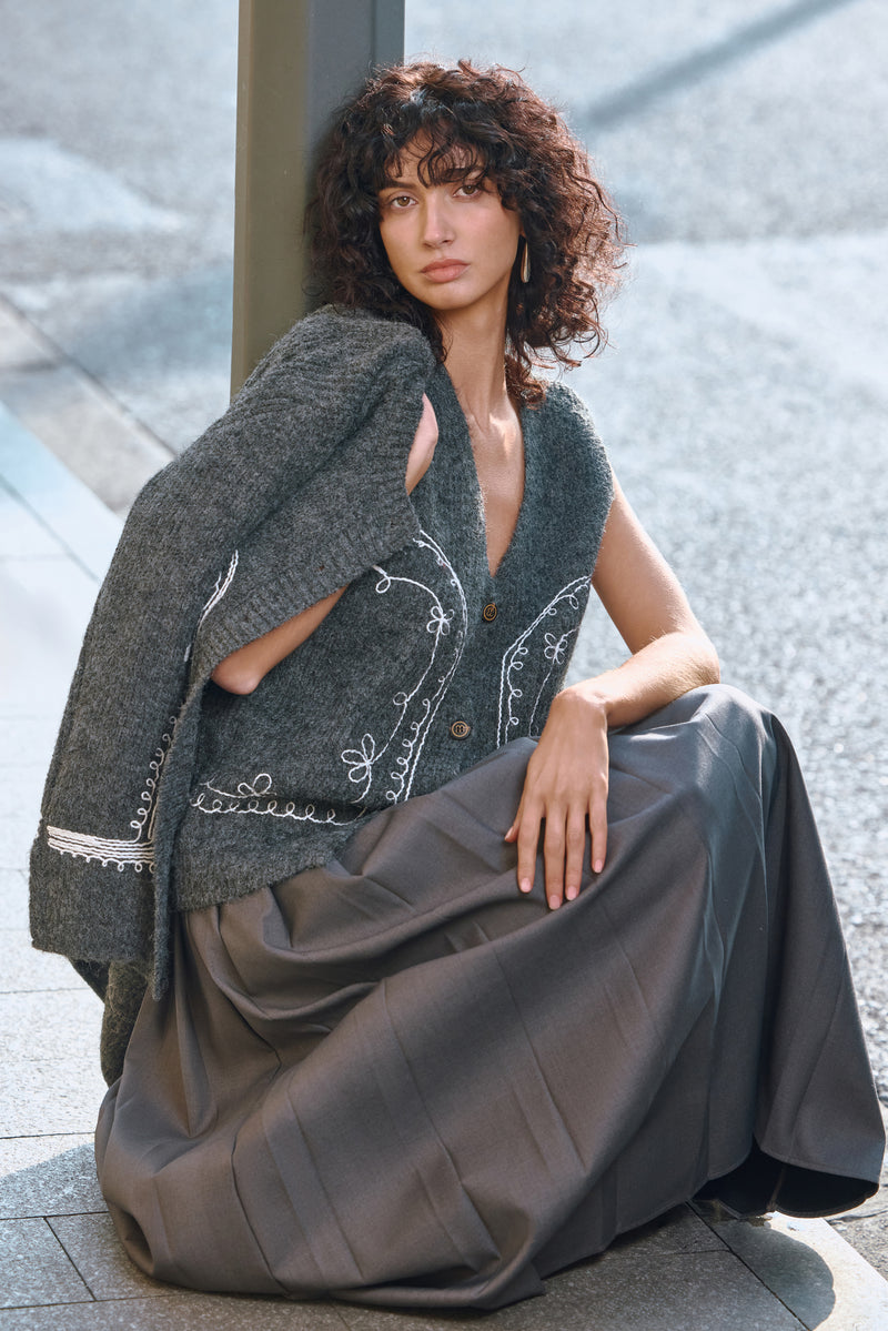 Embroidered wool blend cardigan