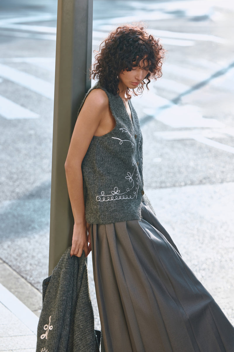Embroidered wool blend vest