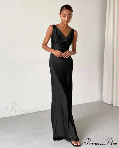 Enela Satin Stylish Maxi Dress Black / S
