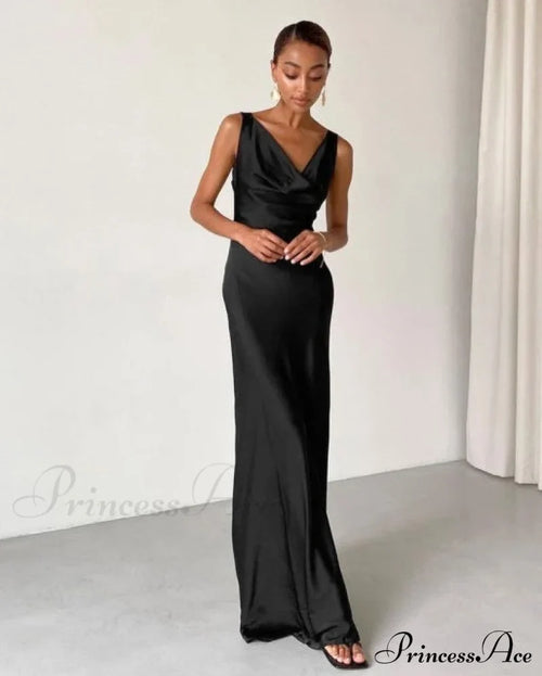Enela Satin Stylish Maxi Dress Black / S