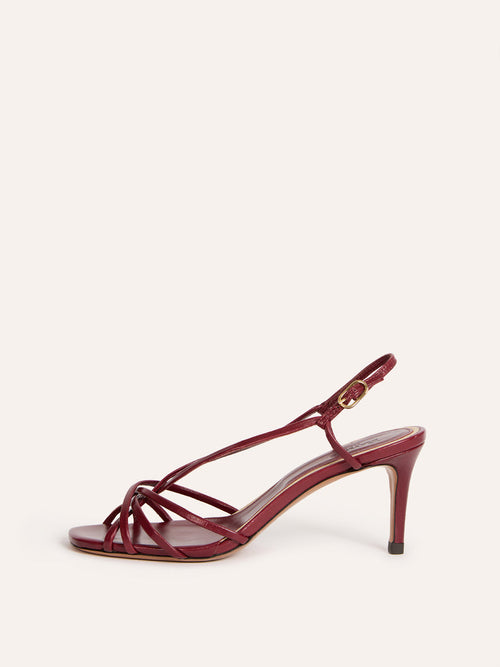 ARLESIENNE burgundy leather strappy high-heel sandals, front view by Rouje