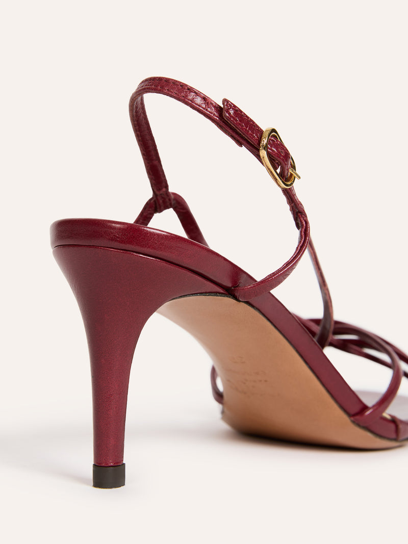 ARLESIENNE burgundy leather high-heel sandals, back view by Rouje