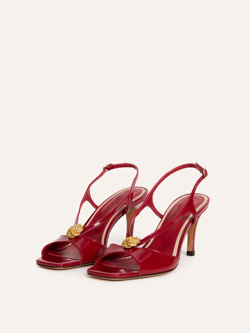 ROSA red leather stiletto-heel sandals, front view by Rouje
