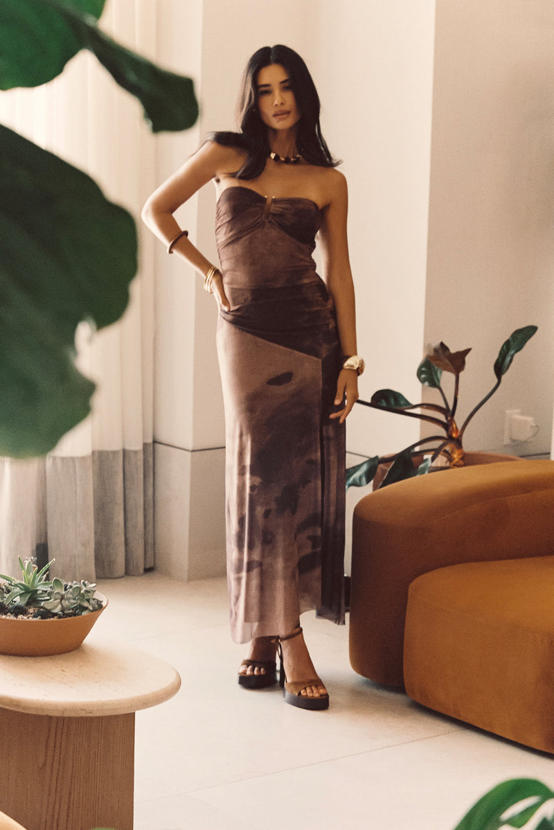 Back view of the mocha mesh midi dress showing the silhouette and fit.