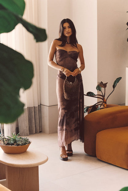 Close-up of the Everly Mocha Mesh Midi Dress showcasing the mesh texture and craftsmanship.
