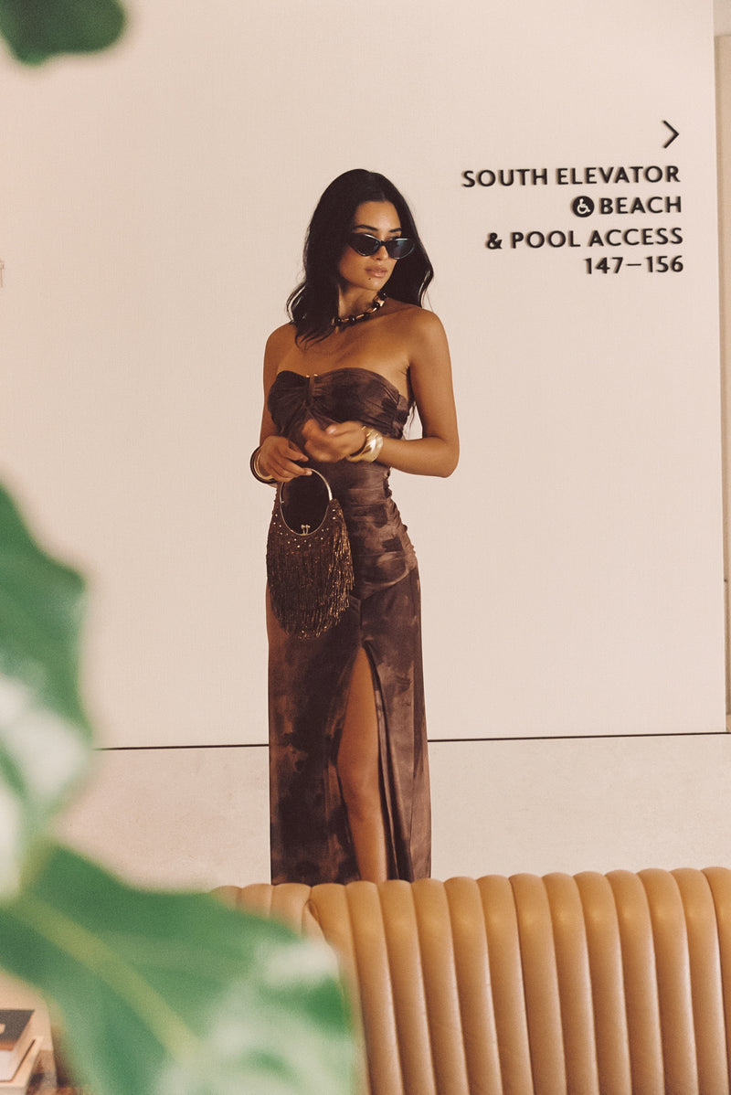 Everly Mocha Mesh Midi Dress styled in a complete look from an alternate angle.