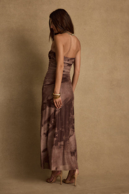 Everly Mocha Mesh Midi Dress paired with complementary accessories for a polished look.
