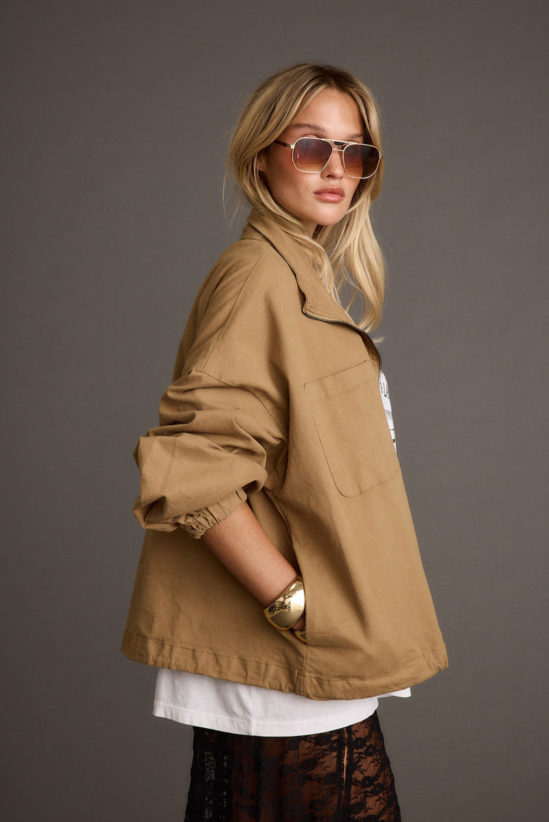Full-length view of the jacket showing the drape and movement.
