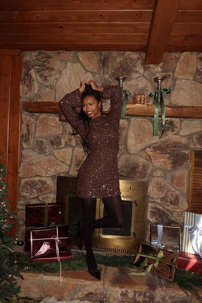 Farah Espresso Sequin Mini Dress shown in a complementary styling arrangement.