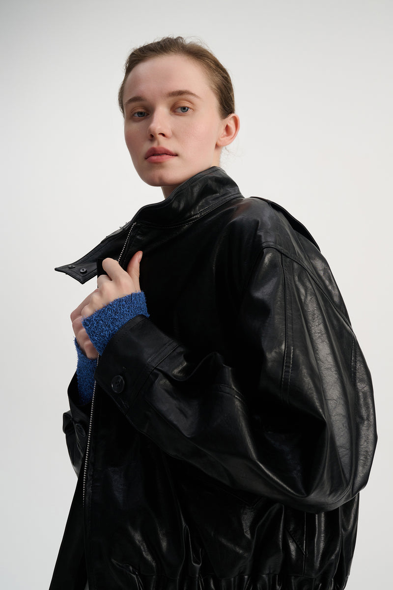 Faux leather stand collar jacket