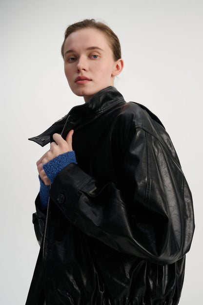 Faux leather stand collar jacket