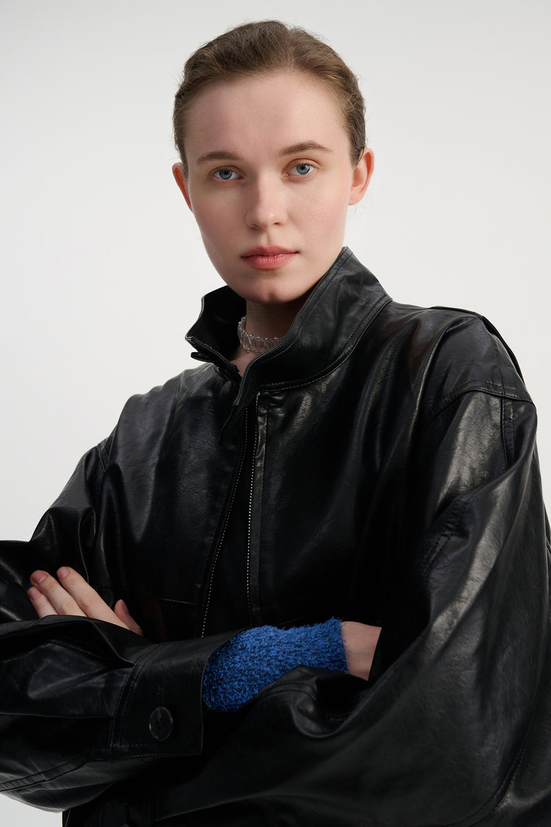 Faux leather stand collar jacket