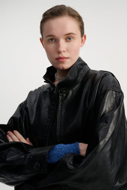 Faux leather stand collar jacket