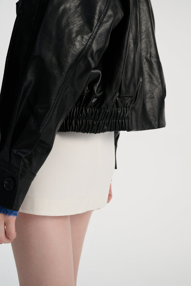 Faux leather stand collar jacket