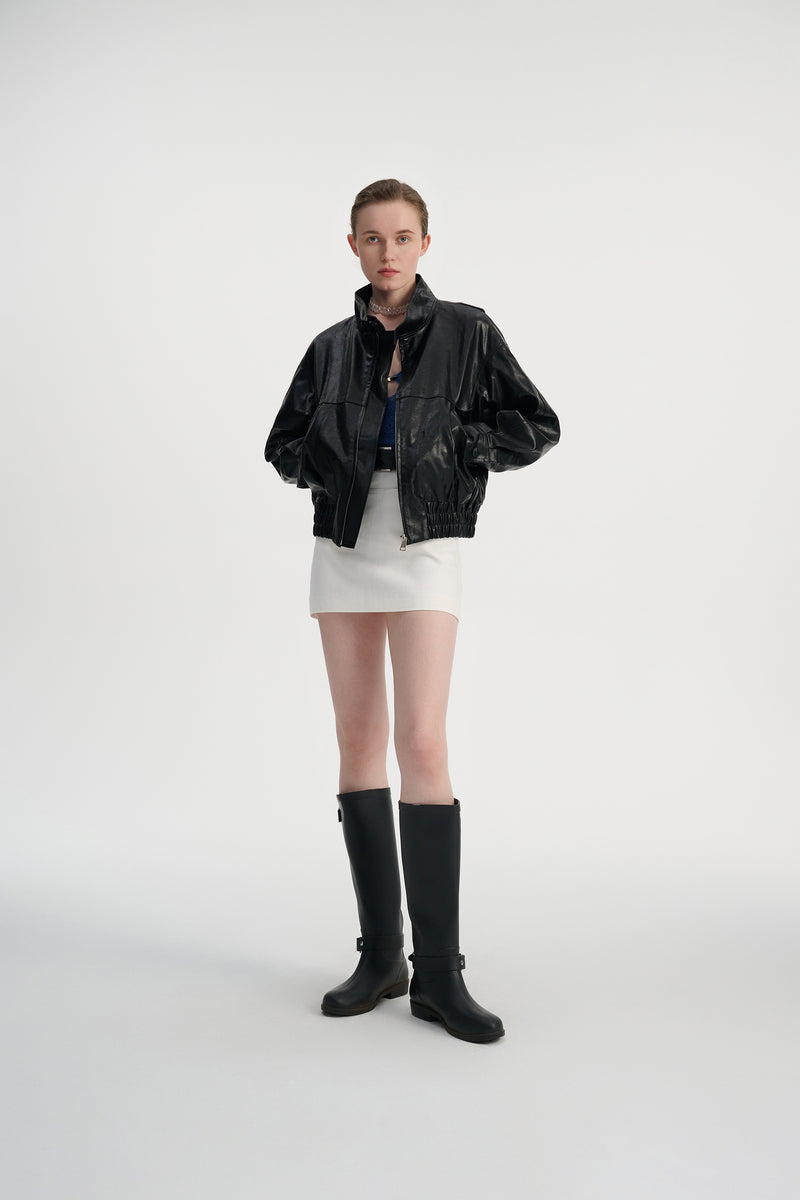 Faux leather stand collar jacket