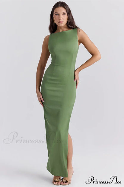 Filomena Olive Boat Charming Neck Maxi Dress Xs /
