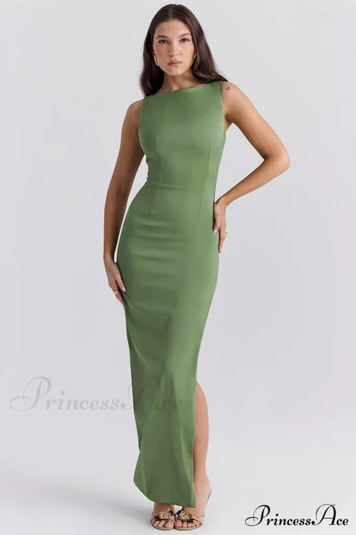 Filomena Olive Boat Charming Neck Maxi Dress Xs /