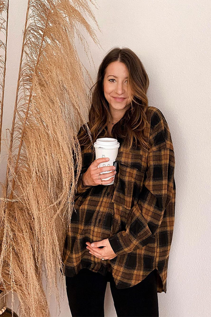 Fireside Mocha Plaid Flannel styled in a complete look from an alternate angle.