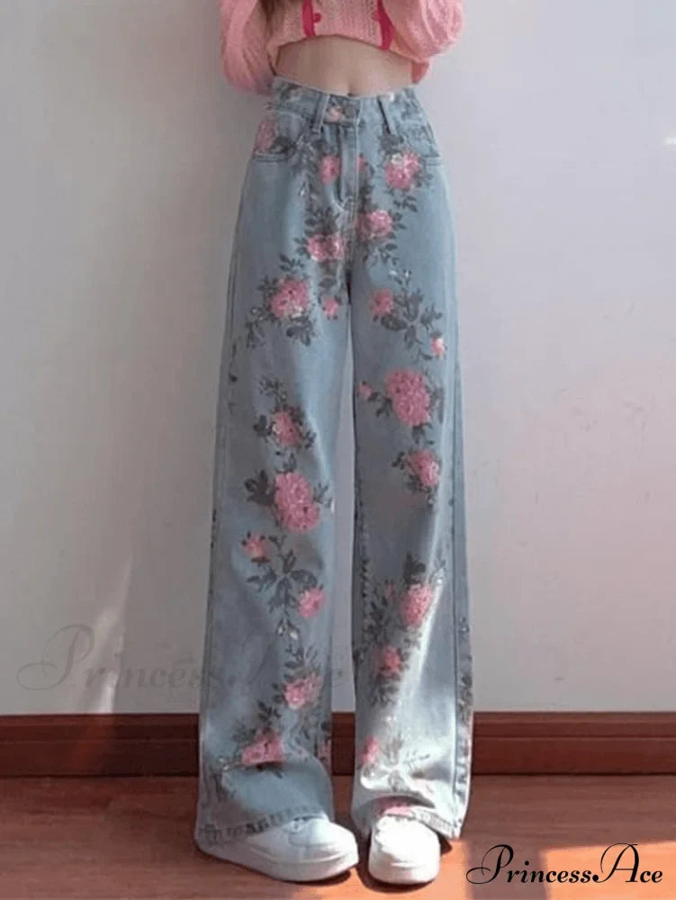 Floral Charming Flare Pants Blue / S Jeans