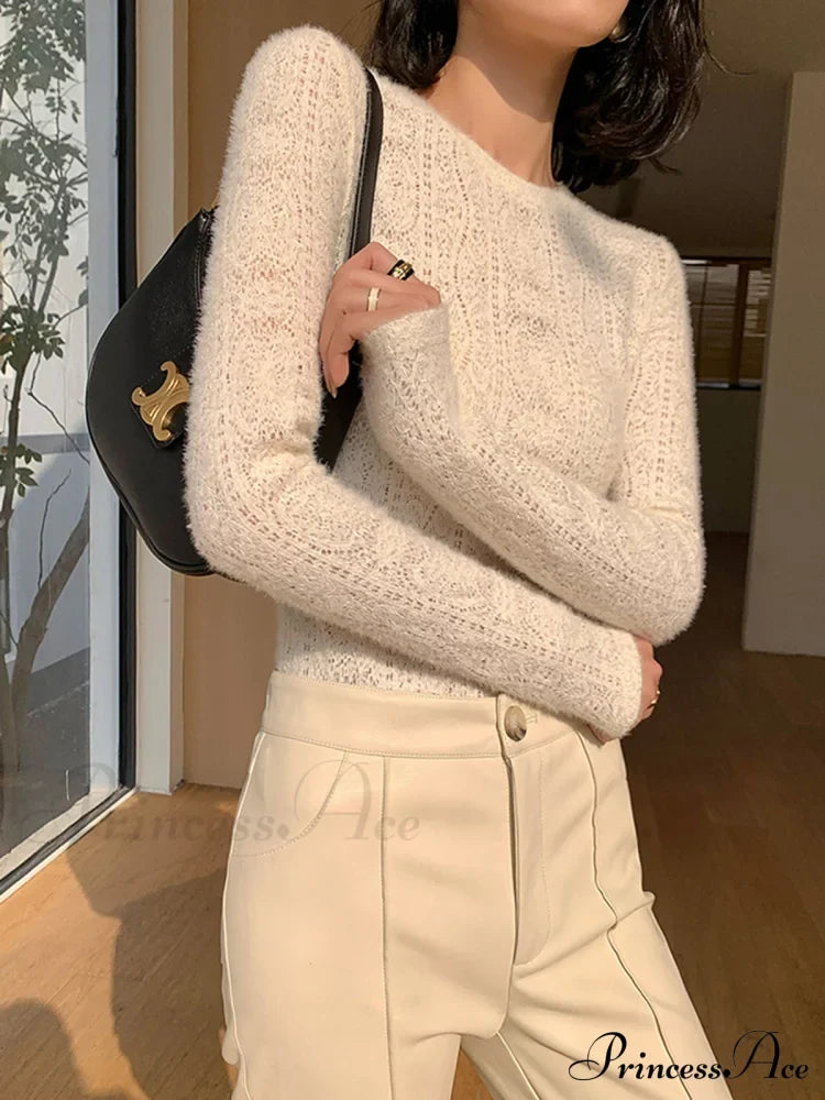Floral Hollow Knit Crew Modern Neck Long Sleeve Top T-Shirts