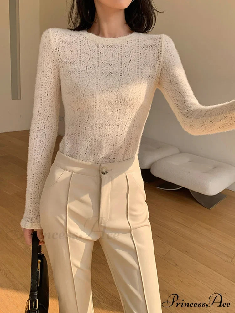 Floral Hollow Knit Crew Modern Neck Long Sleeve Top T-Shirts