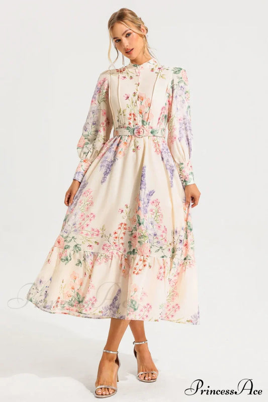 Floral Long Sleeve Charming Maxi Dress With Belt S /