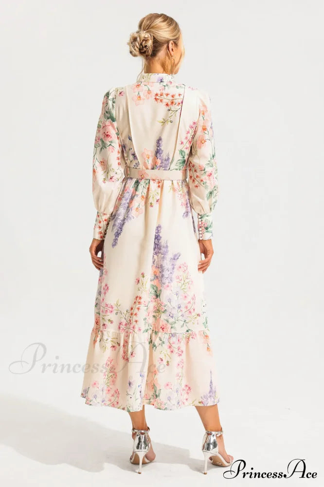 Floral Long Sleeve Charming Maxi Dress With Belt