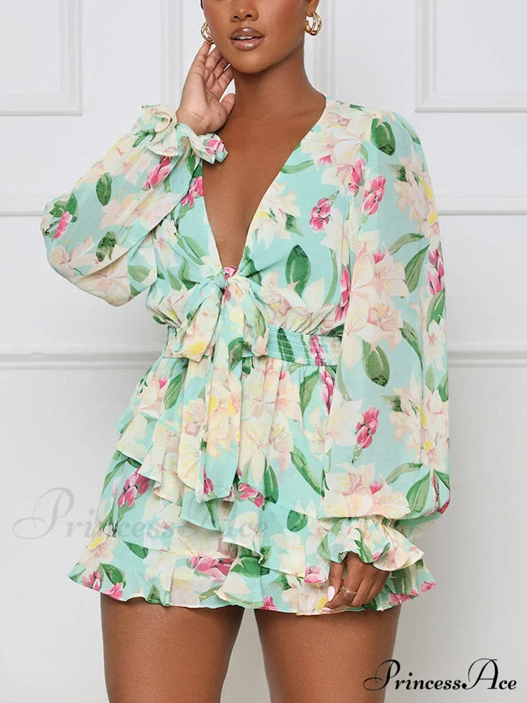 Floral Printed Puff Trendy Sleeve Midi Dress Green / S Jumpsuits & Rompers