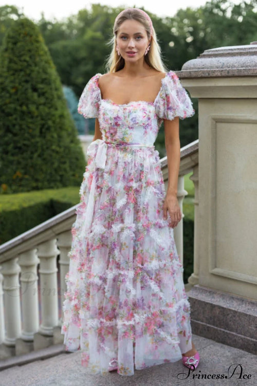Floral Tulle Puff Sleeve Graceful Bow Tie Maxi Dress