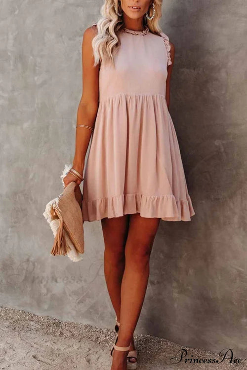 Florcoo Loose Solid Color Modern Short Sleeve V-Neck Mini Dress S / Pink Dresses