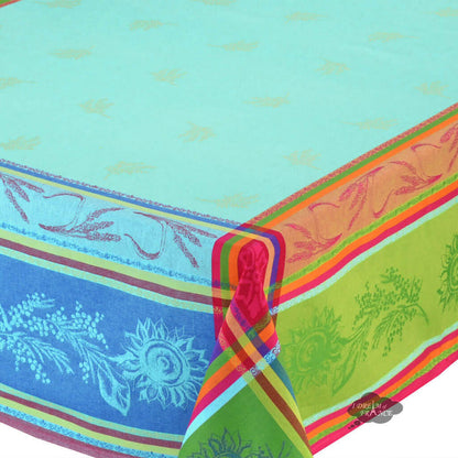 62" Square Cezanne Blue French Jacquard Tablecloth - Close Up