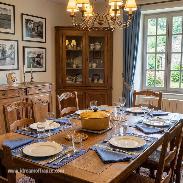 Lisa Blue cotton napkins and Acrylic-Coated Cotton Reversible Placemats  by Le Cluny