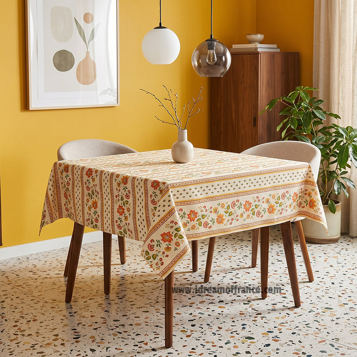58" Square Fayence Red & Cream Acrylic-Coated Cotton French Tablecloth by Le Cluny in Mid Century Modern Decor