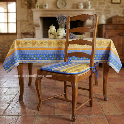 French Provencal tablecloth - Acrylic coated cotton, Spill-proof - 58" Square - Monaco blue & yellow | Le Cluny