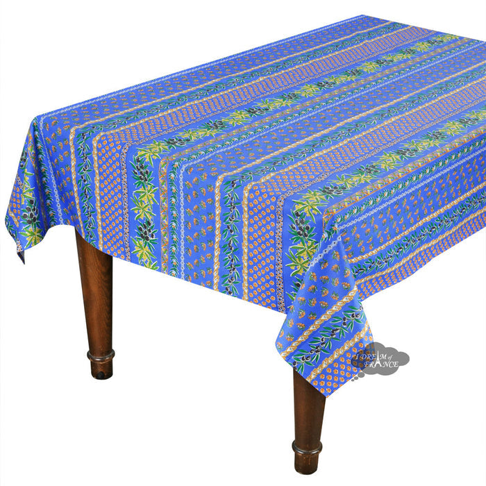 58" Square Olives Blue Cotton Coated Provence Tablecloth by Le Cluny