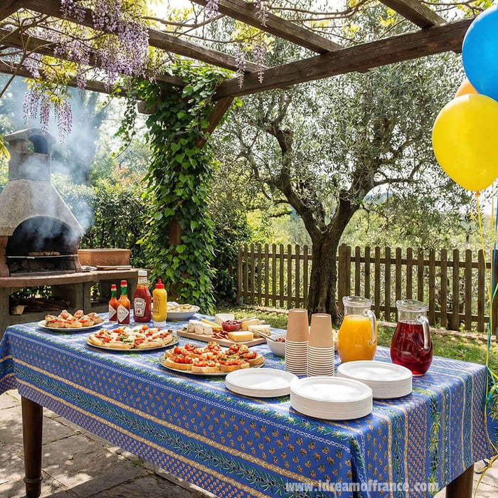 Le Cluny Olives blue acrylic-coated-cotton French tablecloth by Le Cluny