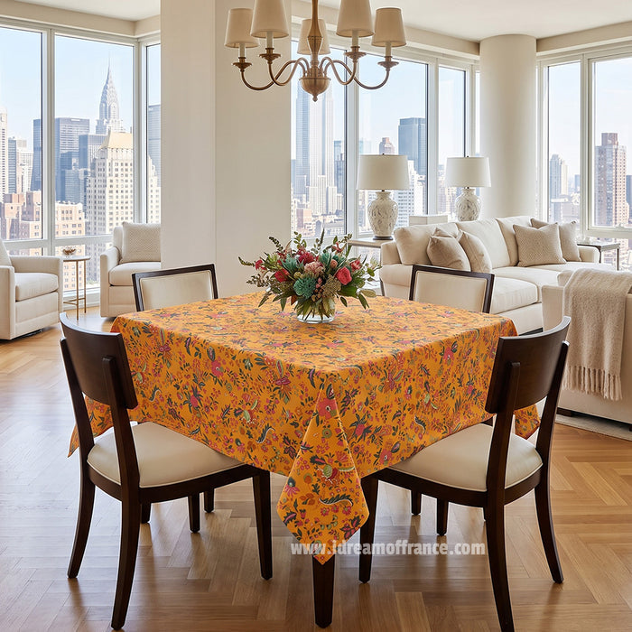 French Provencal tablecloth - Acrylic coated cotton, Spill-proof - 58" square - Versailles yellow | Le Cluny - Lifestyle