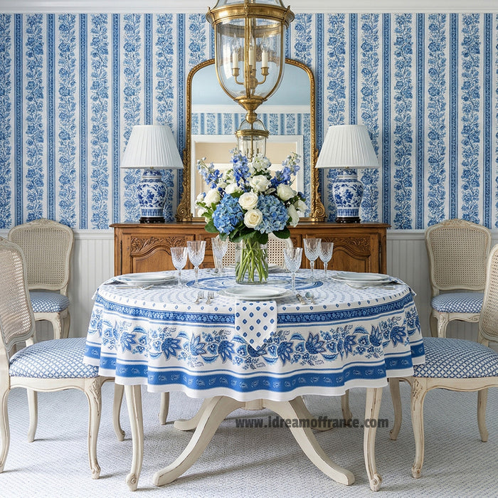 70" Round Lisa White Acrylic-coated Cotton French Country Tablecloth by Le Cluny