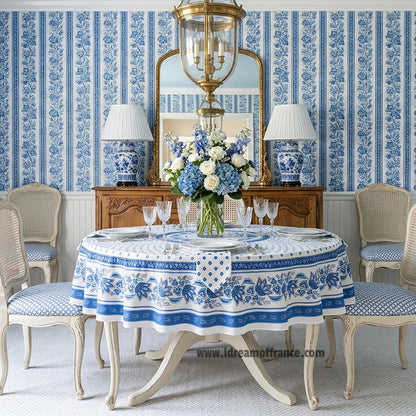 70" Round Lisa White Acrylic-coated Cotton French Country Tablecloth by Le Cluny