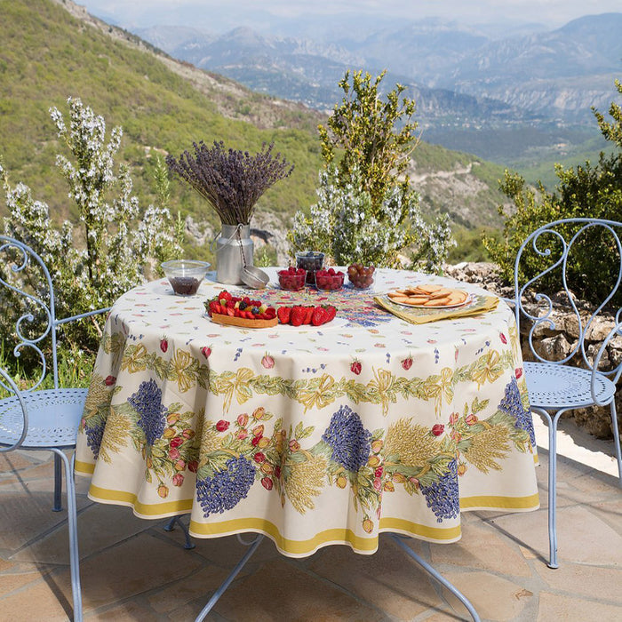 70" Round Roses & lavender Acrylic-Coated Cotton Tablecloth by Tissus Toselli