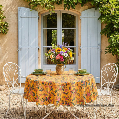 French tablecloth - Acrylic coated cotton, Spill-proof - 70" Round - Versailles mustard yellow | Le Cluny