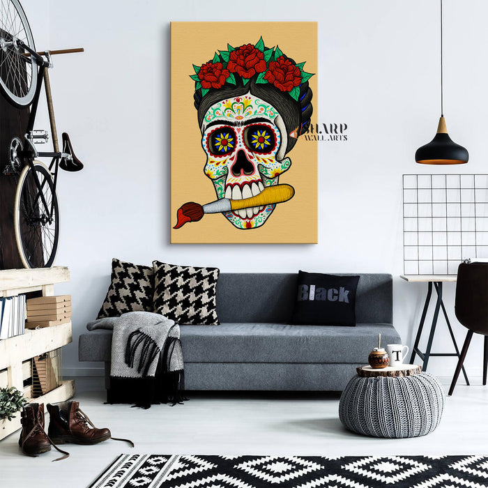 Frida Kahlo Skull Drawing Canvas Wall Art