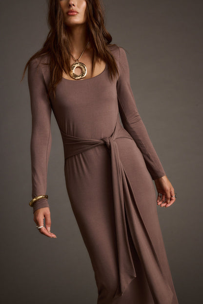 Giavana Dark Taupe Maxi Dress styled in a complete look from an alternate angle.