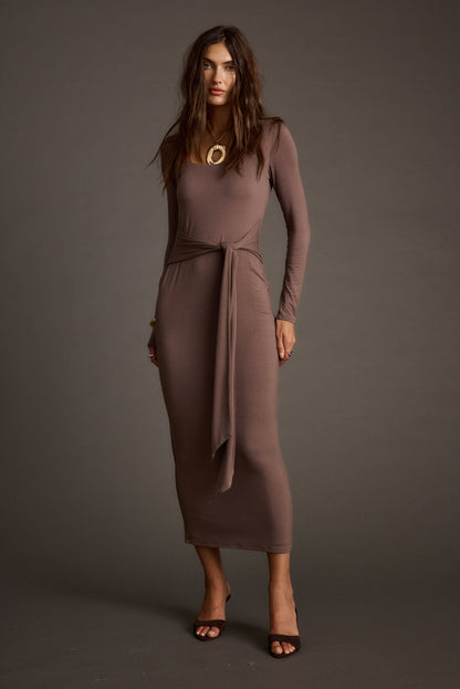 Detail shot of the Giavana Dark Taupe Maxi Dress highlighting the design elements.