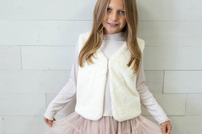 Girl's Off White Woven Sleeveless Jacket