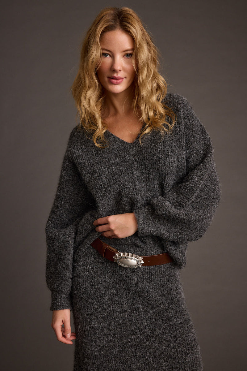Glacier Charcoal V Neck Sweater styled in a complete look from an alternate angle.